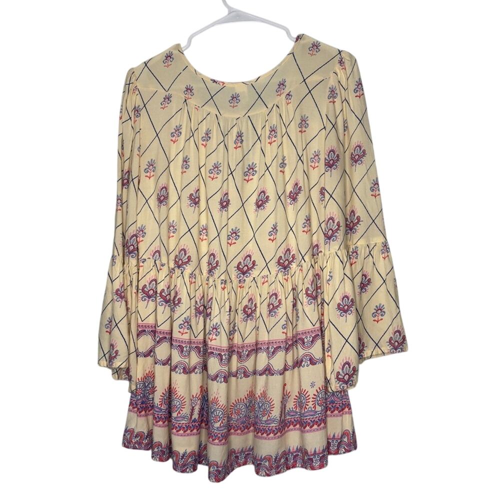 RAGA Anthropologie Ivory Border Print Boho Cream Peasant Top Bell Sleeve L - Picture 5 of 9